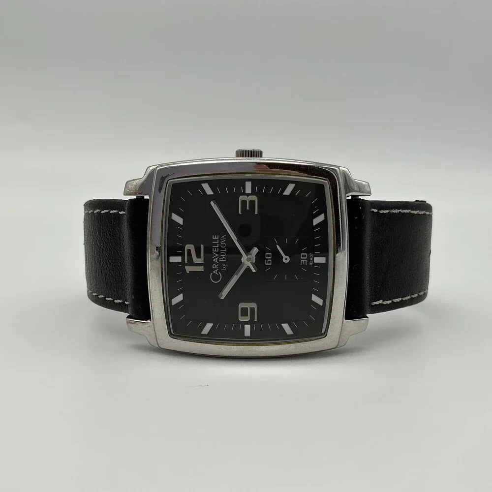 Caravelle By Bulova Mens Square Watch 36mm Black Dial Black Leather New Battery